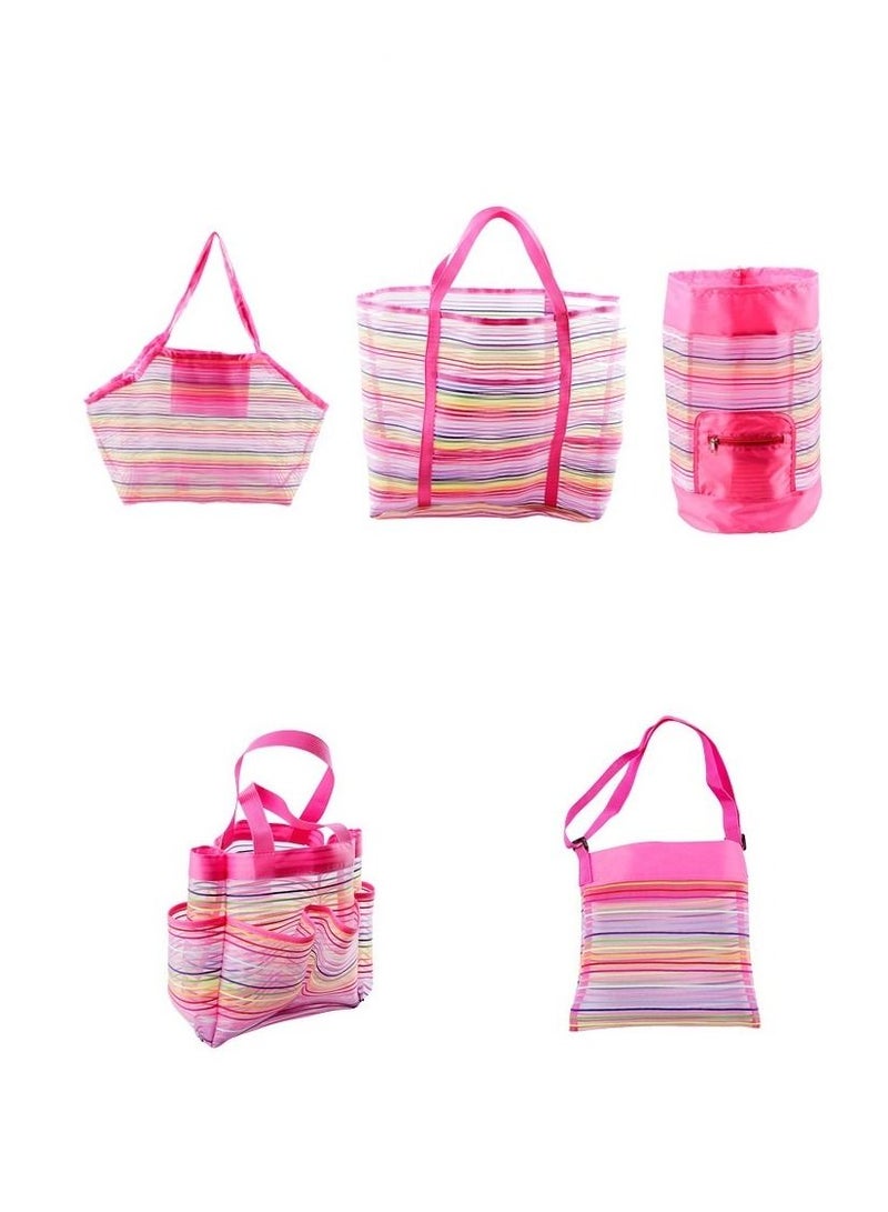 5pcs Beach Tote Bag Beach Toy Storage Bag Beach Shell Bag Kids Beach Bag Mesh Pool Bag Rainbow Mesh Storage Toy Backpack