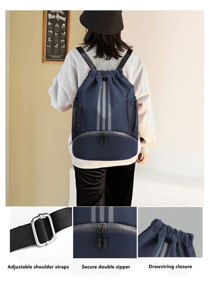 Drawstring Backpack Bag Gym Sack String Men Women Basketball Bundle Pocket Student School Football Storage Large Capacity Fitness Dark Blue S/L