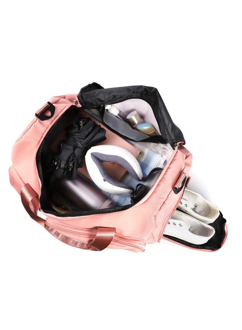 Sports Gym Bag, Foldable Overnight Weekend Bags for Men Women, Lightweight Shoulder Bag with Wet and Dry Separation Large Holdall Cabin Trave(Pink)