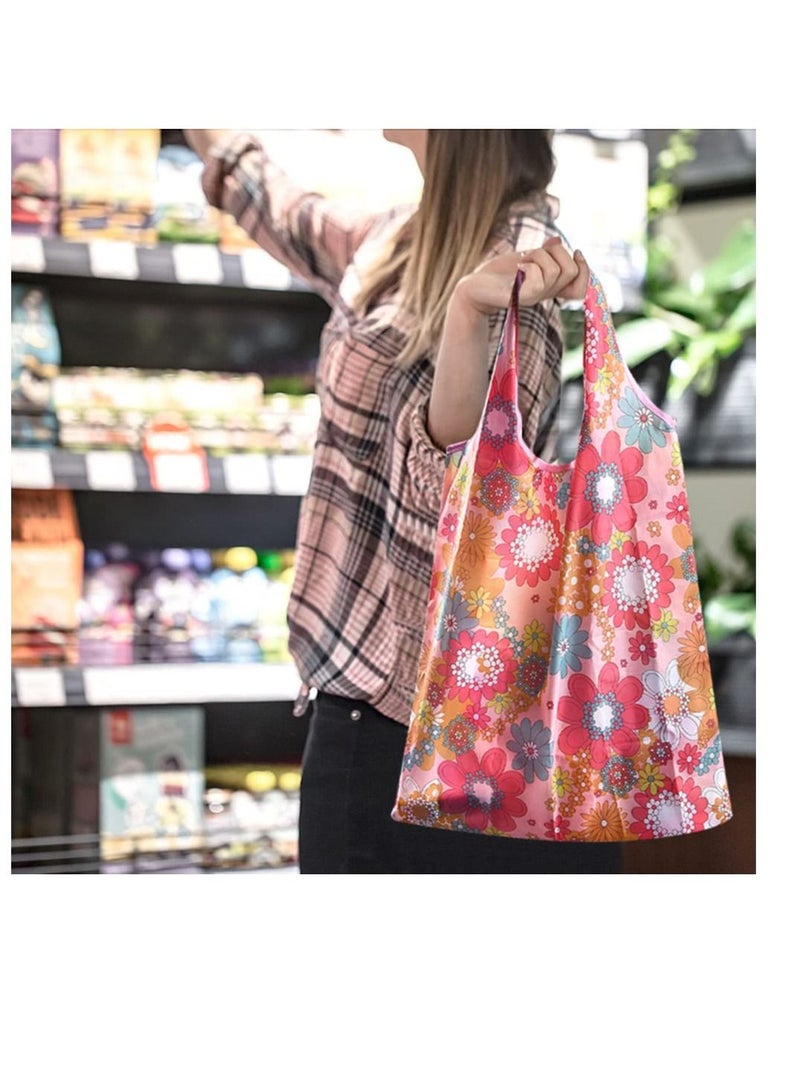 Large Pouch Printed Grocery Bag, 4 Pcs with Handle Waterproof Reusable Grocery Bag, Foldable Extra Large Portable Totes Bag, for Shopping, Travel, Picnic