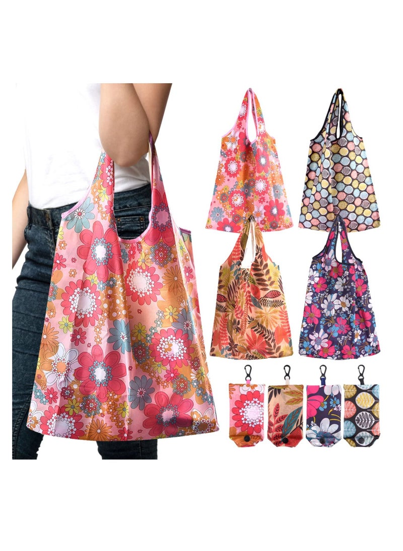 Large Pouch Printed Grocery Bag, 4 Pcs with Handle Waterproof Reusable Grocery Bag, Foldable Extra Large Portable Totes Bag, for Shopping, Travel, Picnic