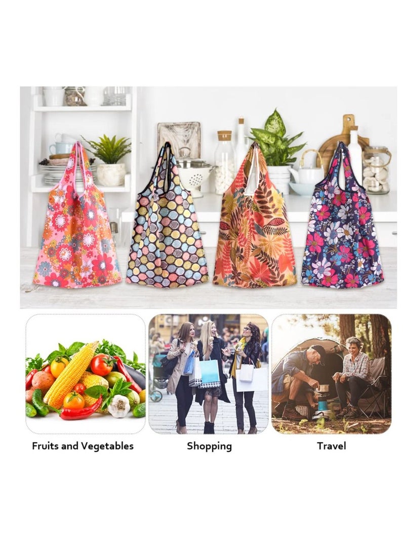 Large Pouch Printed Grocery Bag, 4 Pcs with Handle Waterproof Reusable Grocery Bag, Foldable Extra Large Portable Totes Bag, for Shopping, Travel, Picnic