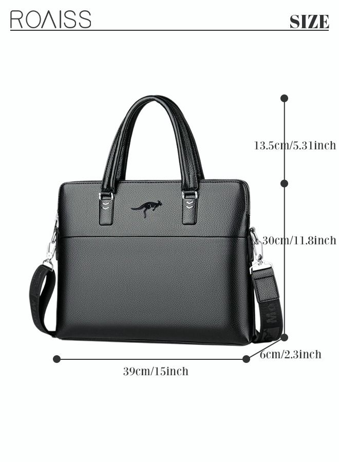 Classic PU Business Leather Briefcase 14-Inch Laptop Bag Large Slim Messenger Bag Soft Top Handle Handbag with Long Straps for Men Travel Office Work Black