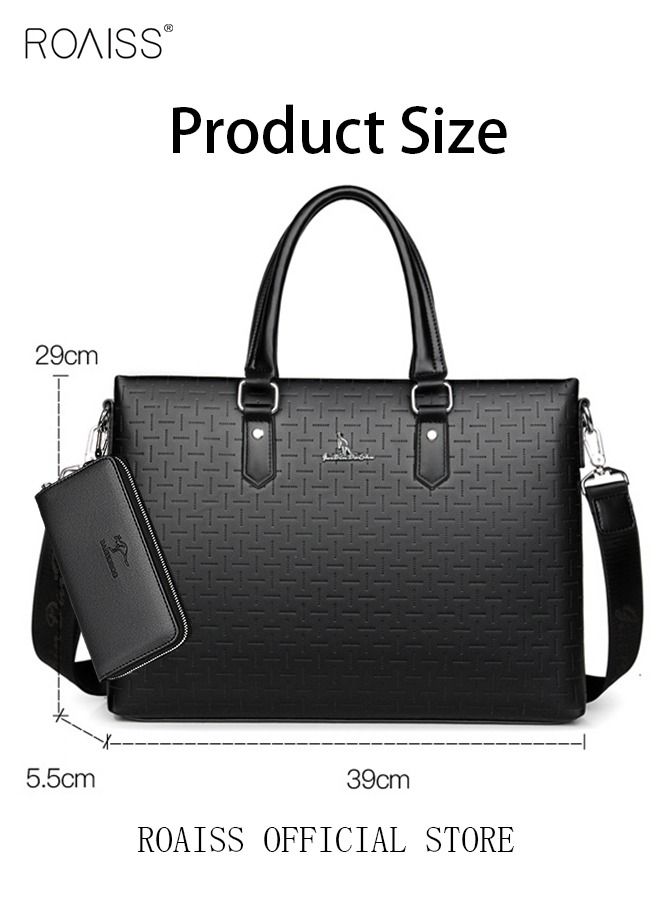 Classic PU Business Leather Briefcase with One Clutch 14 Inch Laptop Bag Large Capacity Messenger Soft Top Handle Tote with Long Shoulder Strap Men Travel Office Black