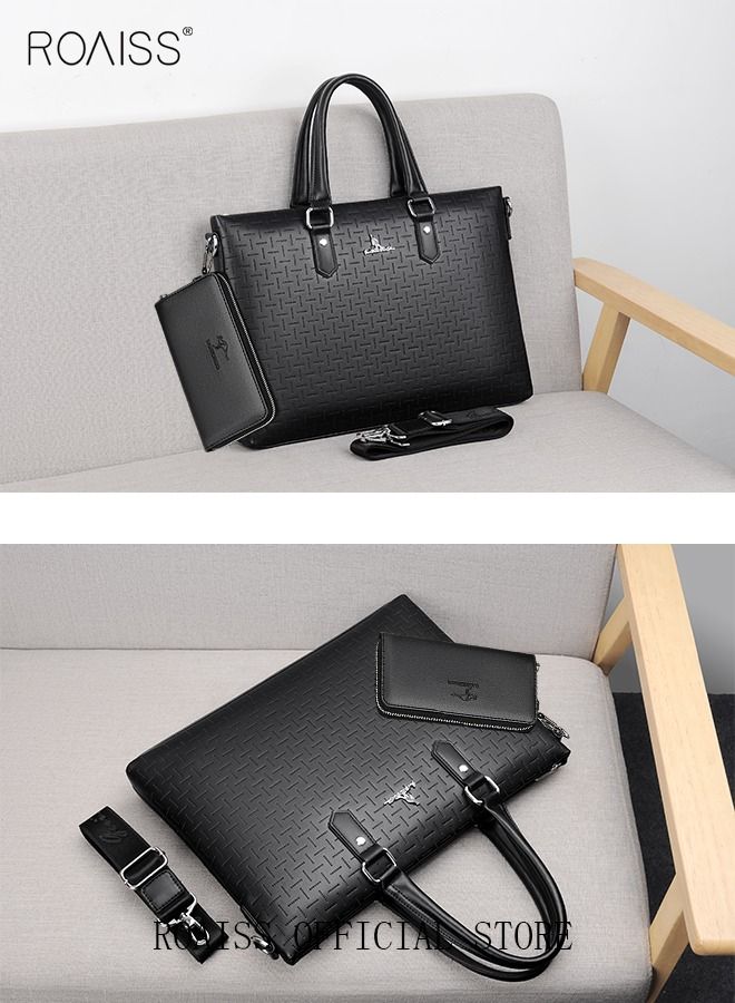 Classic PU Business Leather Briefcase with One Clutch 14 Inch Laptop Bag Large Capacity Messenger Soft Top Handle Tote with Long Shoulder Strap Men Travel Office Black