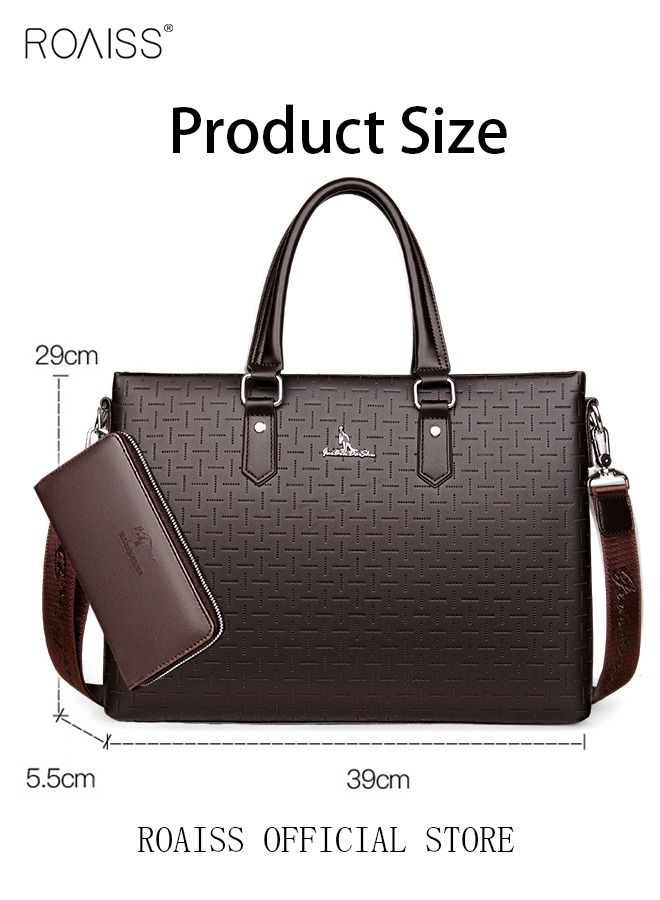 Classic PU Business Leather Briefcase with One Clutch 14 Inch Laptop Bag Large Capacity Messenger Soft Top Handle Tote with Long Shoulder Strap Men Travel Office Brown