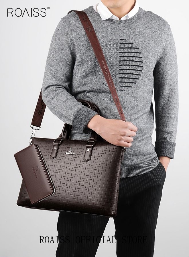 Classic PU Business Leather Briefcase with One Clutch 14 Inch Laptop Bag Large Capacity Messenger Soft Top Handle Tote with Long Shoulder Strap Men Travel Office Brown