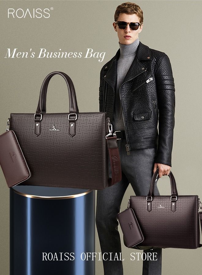 Classic PU Business Leather Briefcase with One Clutch 14 Inch Laptop Bag Large Capacity Messenger Soft Top Handle Tote with Long Shoulder Strap Men Travel Office Brown