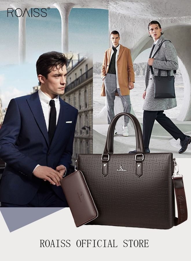 Classic PU Business Leather Briefcase with One Clutch 14 Inch Laptop Bag Large Capacity Messenger Soft Top Handle Tote with Long Shoulder Strap Men Travel Office Brown