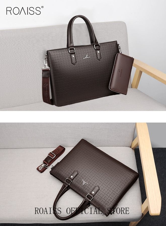 Classic PU Business Leather Briefcase with One Clutch 14 Inch Laptop Bag Large Capacity Messenger Soft Top Handle Tote with Long Shoulder Strap Men Travel Office Brown