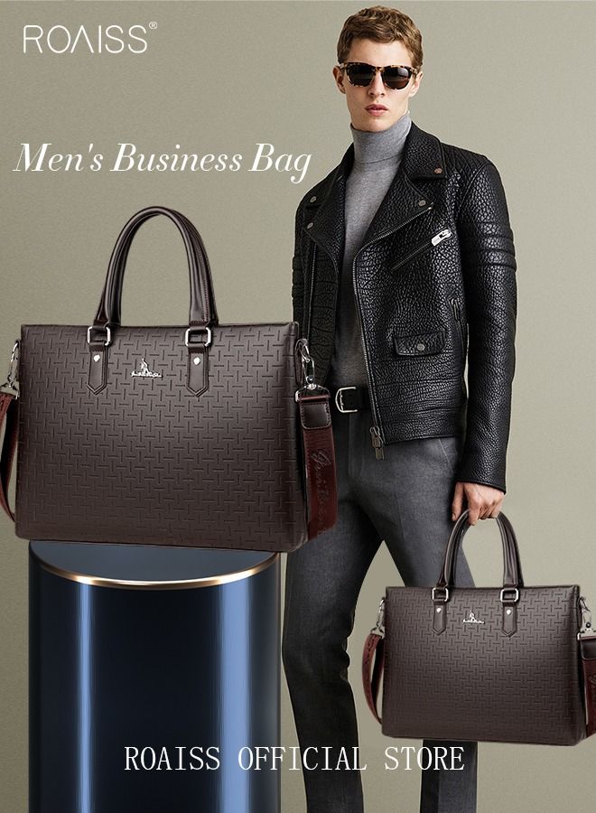 Classic PU Business Leather Briefcase 14 Inch Laptop Bag Large Capacity Messenger Bag Soft Top Handle Tote with Long Shoulder Strap Men Travel Office Brown