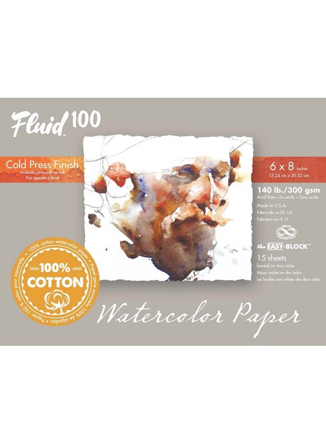 Fluid 100 Artist Watercolor Block 140 Lb (300 Gsm) 100% Cotton Cold Press Pad For Watercolor Painting And Wet Media W/ Easy Block Binding 6 X 8 Inches 15 Sheets