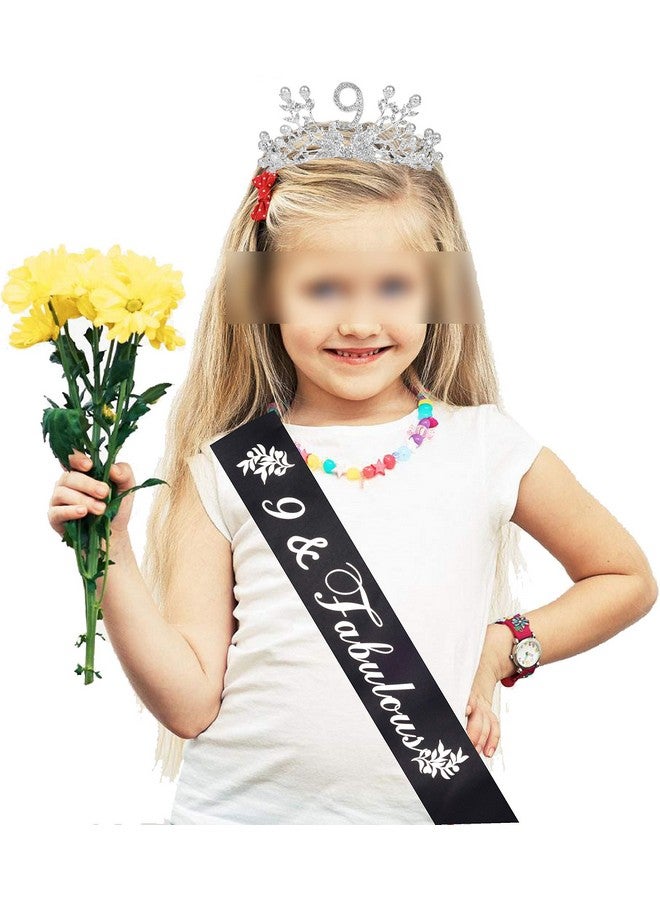 9Th Birthday Sash And Tiara For Girls Fabulous Glitter Sash + Botanic Rhinestone Silver Premium Metal Tiara For Girls 9Th Birthday Gifts For Princess Party