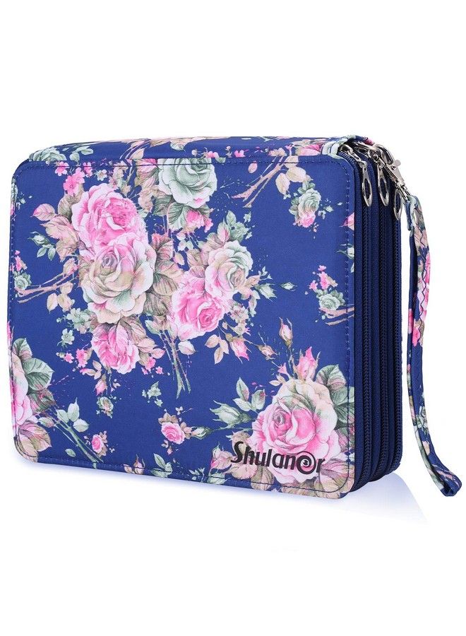 120 Slots Colored Pencil Case With Zipper Closure Large Capacity Blue Rose Oxford Pen Organizer Flower Pencil Holder