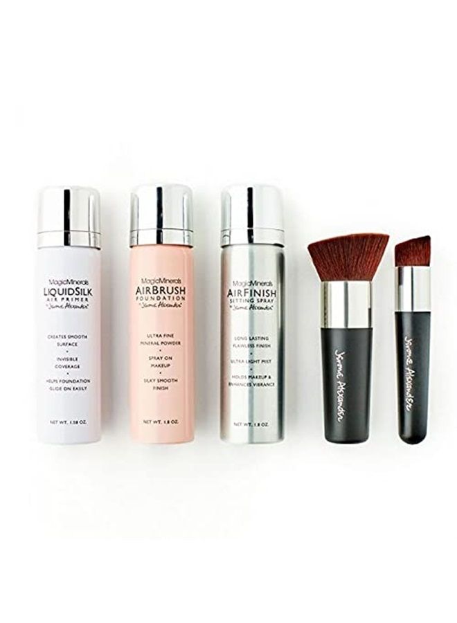 MagicMinerals Deluxe AirBrush Foundation by Jerome Alexander – 5pc Spray Makeup Set with Anti-aging Ingredients for Smooth Radiant Skin (Bright Medium)