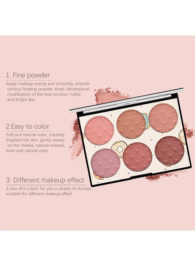6 Colors Light Luxury Matte Blush Powder Bright Shimmer, Contour and Highlight Blush Palette with Blush Brush, by Ownest Beauty-Set A