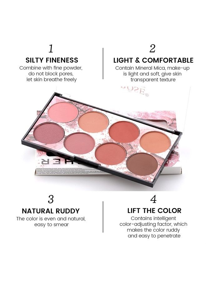 8 Colors Face Blush Palette,Light Luxury Blush Palette Matte Blush Powder Bright Shimmer Face Blush,Contour and Highlight Blush Palette with Brush, by Ownest Beauty