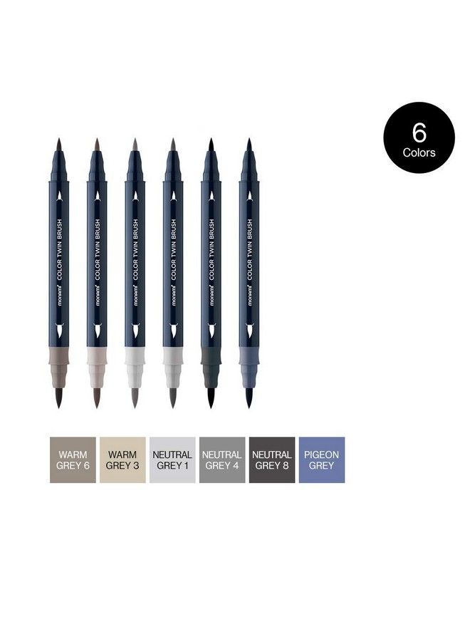 Color Twin Brush Dual Brush Pen Double Tipped Fine & Medium Marker For Coloring Calligraphy Lettering Grey Mood 6Pack (N.Grey 1N. Grey 6N.Grey 10Warm Grey 3Warm Grey 6Pigeon Grey)