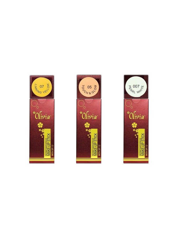 Instant Waterproof Radiant Makeup Stick Spf 12 Radiant Finish 15G (Pack Of 3) Lining Yellow 07 Pearl White 007 Touch Glow 05