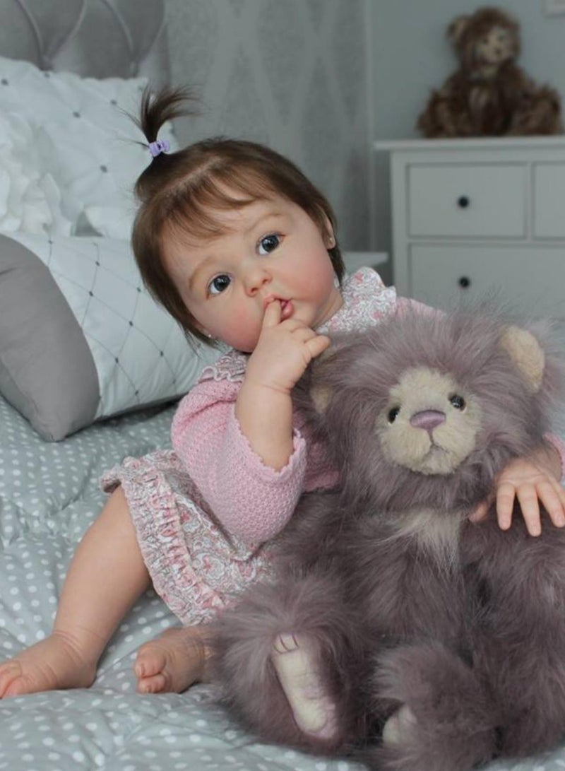 22 Inch Lifelike Reborn Toddler Dolls Full Body Vinyl Silicone with Long Hair, Beautiful Realistic Newborn Baby Doll with Feeding Toy for Kids Birthday.