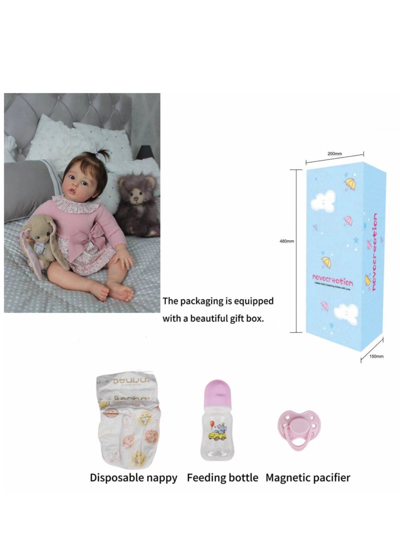 22 Inch Lifelike Reborn Toddler Dolls Full Body Vinyl Silicone with Long Hair, Beautiful Realistic Newborn Baby Doll with Feeding Toy for Kids Birthday.