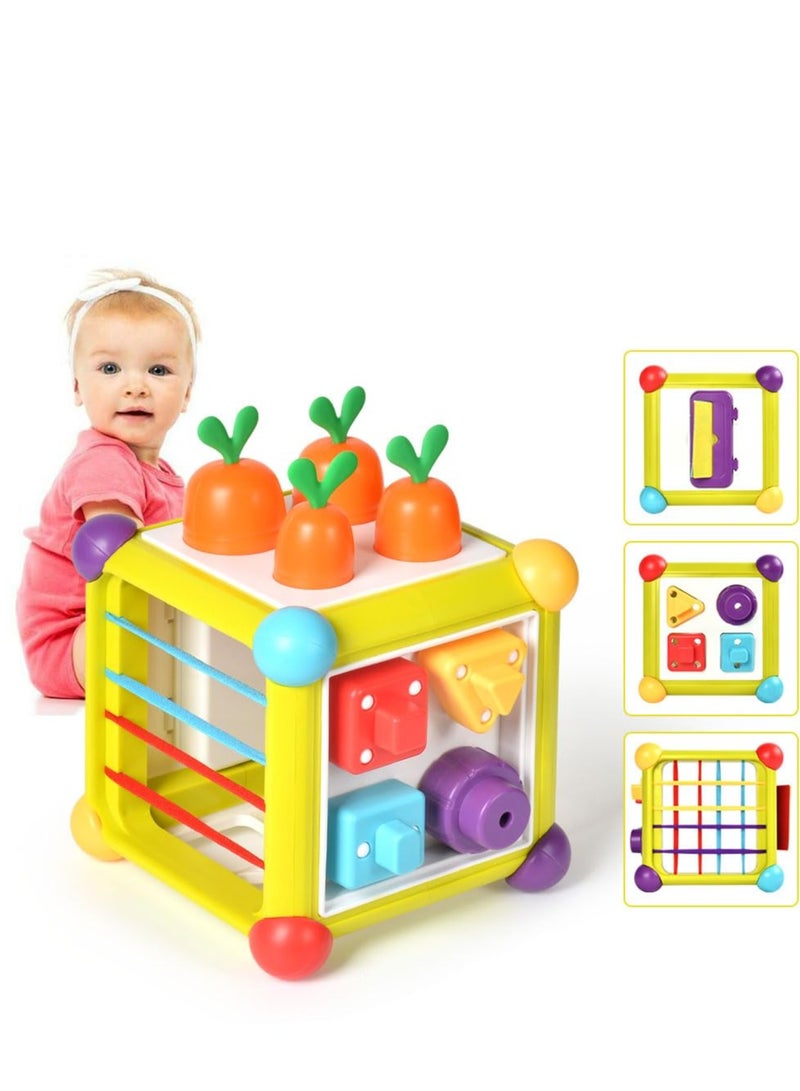 Activity Cube Toys, 6-in-1 Montessori Wooden Toys for Toddlers, Carrot Harvest Shape Sorter, Color Matching Puzzle Toy for Early Development for Toddler for Boy Girl