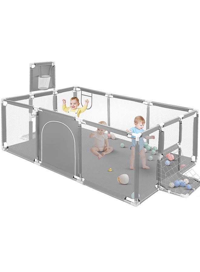 Baby Playpen,Extra Large Baby Playard With Basketball Hoop and Breathable Mesh,Children Kids Play Fence for Indoors Outdoors, Grey