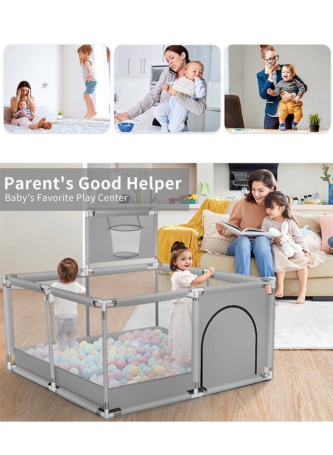 Foldable Baby Playpen With Safety Fence And Basketball Hoop For Indoor Outdoor - Grey