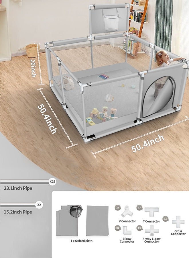 Foldable Baby Playpen With Safety Fence And Basketball Hoop For Indoor Outdoor - Grey