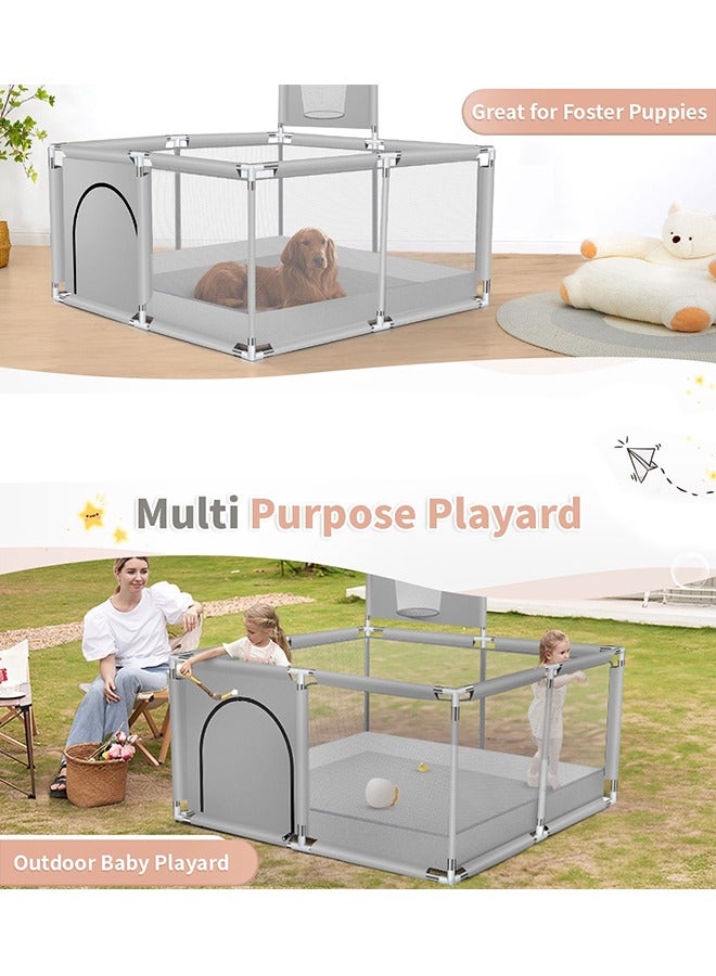 Foldable Baby Playpen With Safety Fence And Basketball Hoop For Indoor Outdoor - Grey