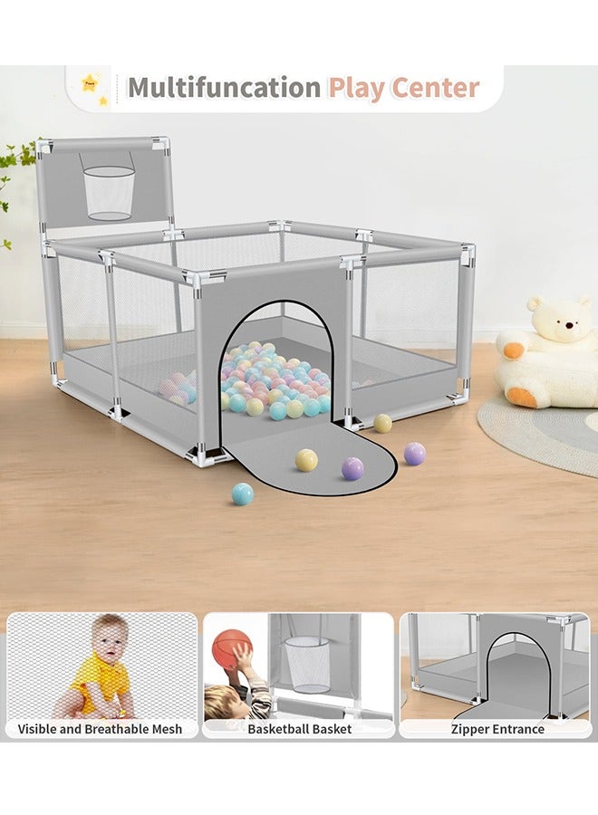 Foldable Baby Playpen With Safety Fence And Basketball Hoop For Indoor Outdoor - Grey