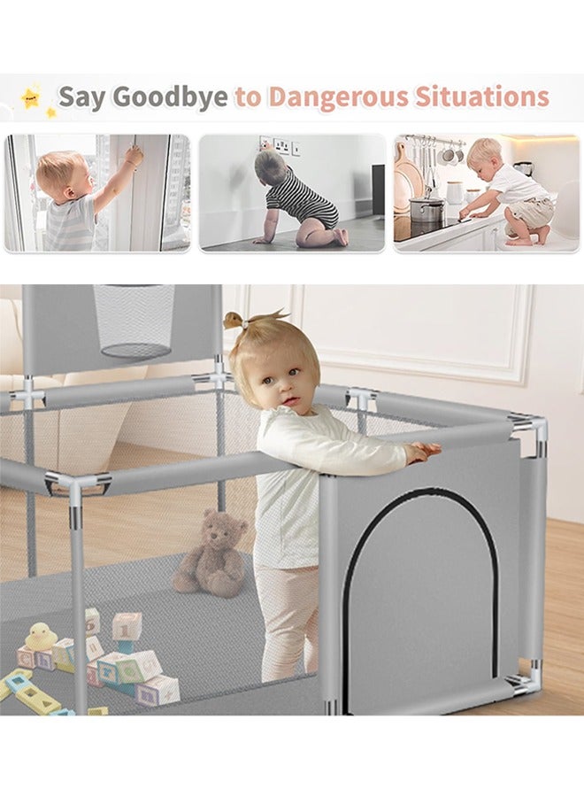 Foldable Baby Playpen With Safety Fence And Basketball Hoop For Indoor Outdoor - Grey