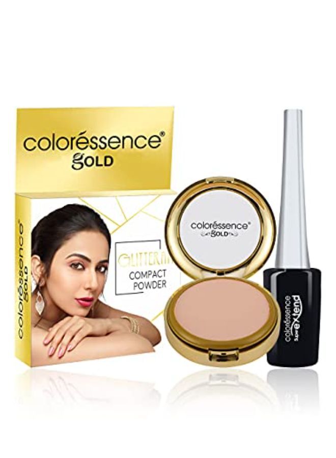 Glitterati Compact Powder Gold Range Oil Free Matte Finish Face Satin Pressed Formula (Blush Matte) - Free Supreme Liquid Eyeliner