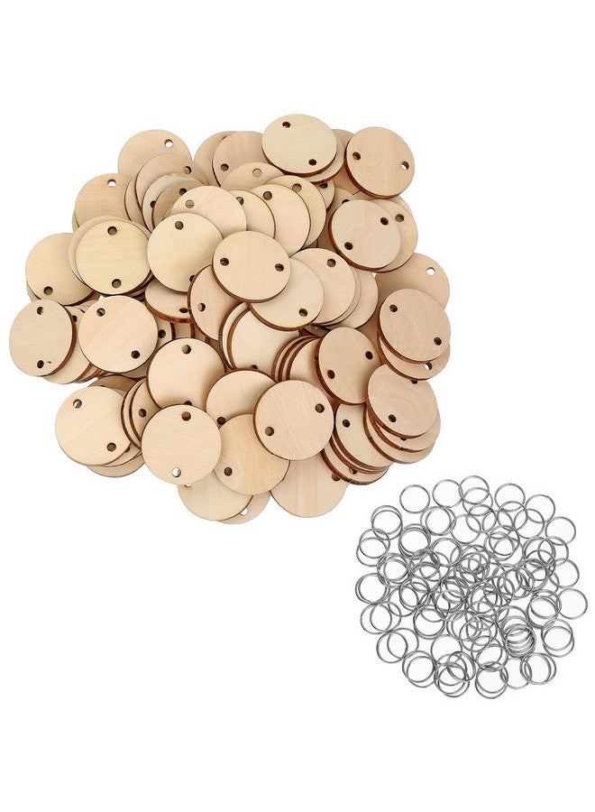100 Pieces Round Wooden Discs With Holes Birthday Board Tags And 100 Pieces 15 Mm Rings For Arts And Crafts (3.8Cm)