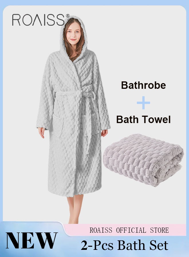 2 Piece Bath Set for Women and Men Thicken Absorbent Bathrobe and Bath Towel in Cloud Pattern Coral Fleece Sleepwear Autumn Winter Ladies Lightweight Soft Non Shedding Robe with Hood