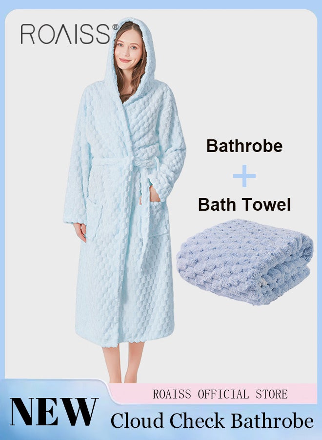 2 Piece Bath Set for Women and Men Thicken Absorbent Bathrobe and Bath Towel in Cloud Pattern Coral Fleece Sleepwear Autumn Winter Ladies Lightweight Soft Non Shedding Robe with Hood