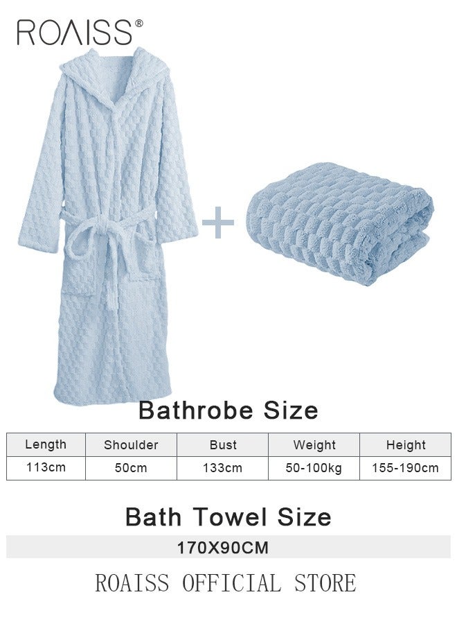 2 Piece Bath Set for Women and Men Thicken Absorbent Bathrobe and Bath Towel in Cloud Pattern Coral Fleece Sleepwear Autumn Winter Ladies Lightweight Soft Non Shedding Robe with Hood