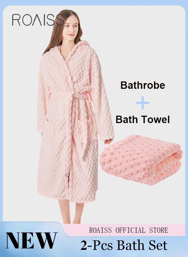 2 Piece Bath Set for Women and Men Thicken Absorbent Bathrobe and Bath Towel in Cloud Pattern Coral Fleece Sleepwear Autumn Winter Ladies Lightweight Soft Non Shedding Robe with Hood