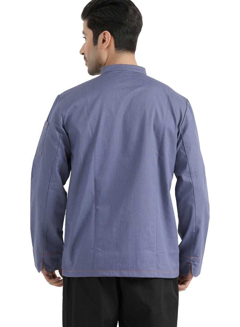 Men's Long Sleeve with Traditional Metal Snap Buttons Chef Jacket/ Double-Breasted Chef Uniform Shirt Blue