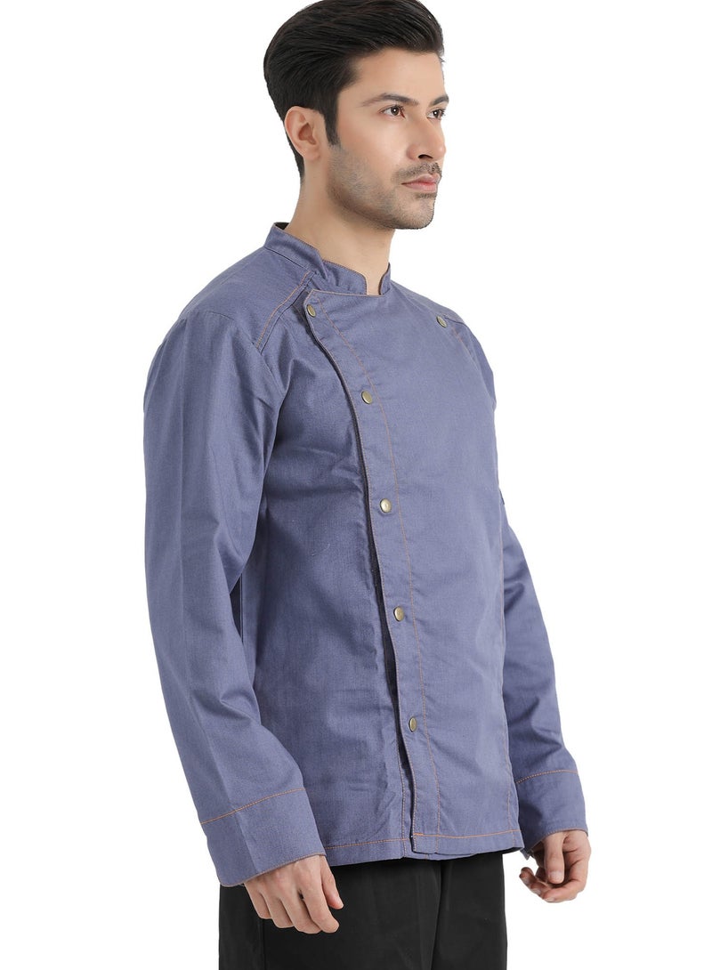 Men's Long Sleeve with Traditional Metal Snap Buttons Chef Jacket/ Double-Breasted Chef Uniform Shirt Blue