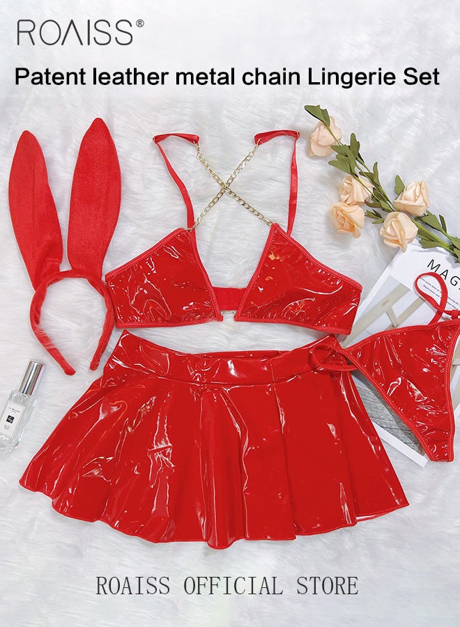 Shiny Latex Patent Leather Lingerie Set for Women Cute Rabbit Dress Up Bra Top Flared Skirt Suit Ladies Cosplay Halter Bra Bunny Outfits for Nightclub Party Costume