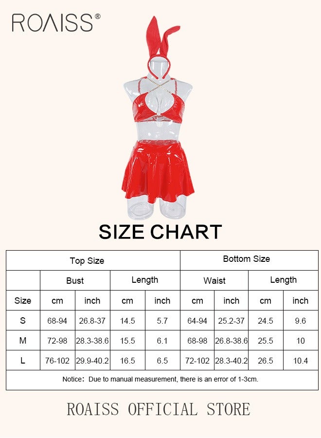 Shiny Latex Patent Leather Lingerie Set for Women Cute Rabbit Dress Up Bra Top Flared Skirt Suit Ladies Cosplay Halter Bra Bunny Outfits for Nightclub Party Costume