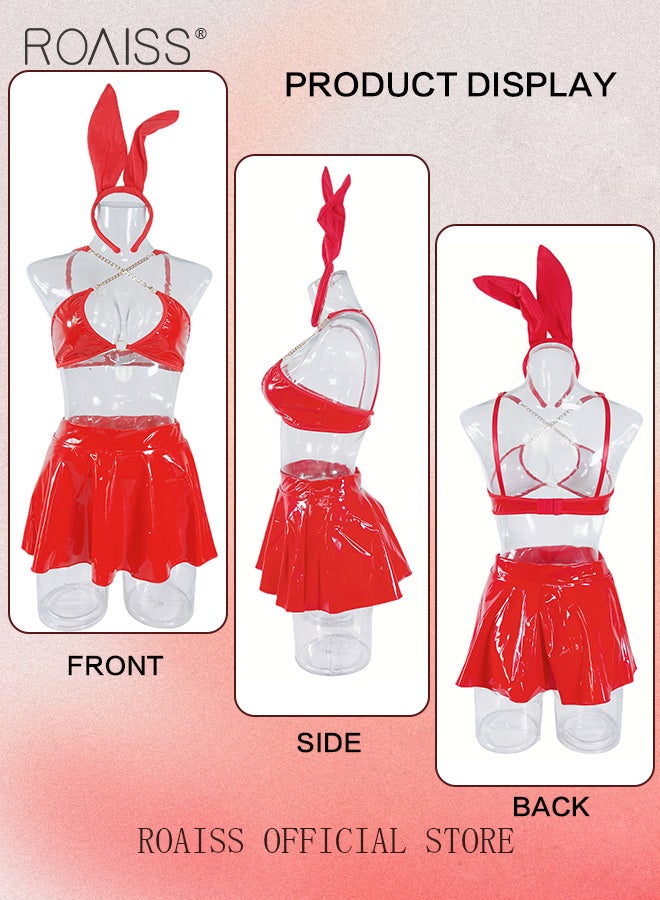 Shiny Latex Patent Leather Lingerie Set for Women Cute Rabbit Dress Up Bra Top Flared Skirt Suit Ladies Cosplay Halter Bra Bunny Outfits for Nightclub Party Costume