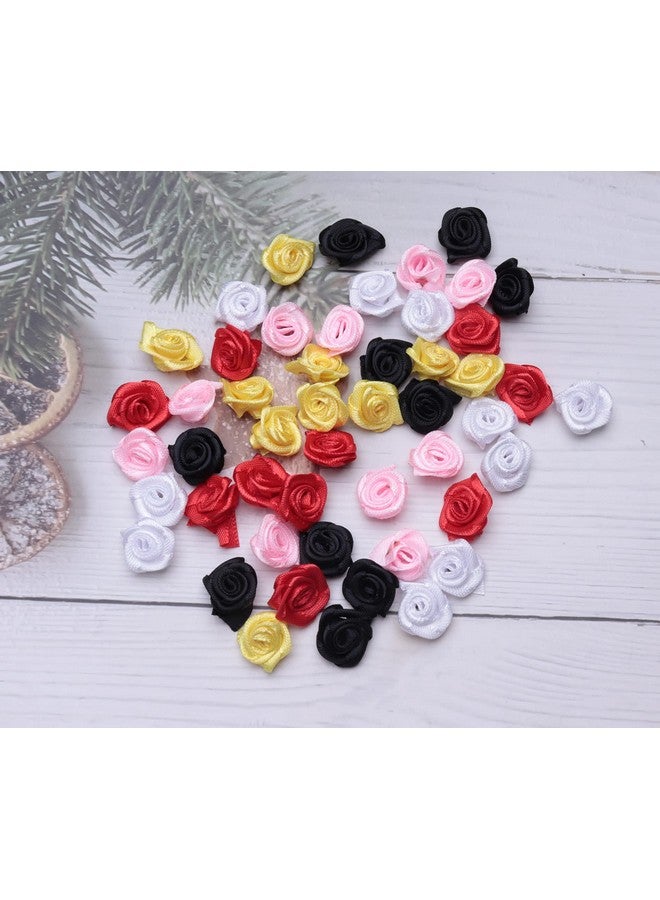 50 Pcs Satin Ribbon Roses Mini Flowers Boutique Applique Sewing Embellishment Supplies For Diy Craft Project Scrapbooking Wedding Theme Parties Home Decoration (Colorful)