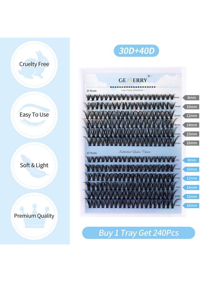 Individual Lashes Large Tray 240pcs 007mm 30D+40D D Curl Mix 816mm Inidividual Lashes Cluster Soft&Natural Cluster Lashes Mink Lash Cluster Mixed Tray False Eyelashes By GEMERRY(30D/40D007D 816 Mix)