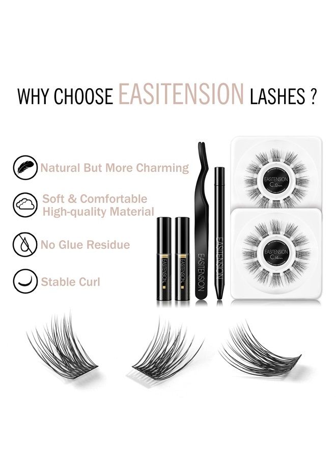 DIY Eyelash Extension, 3D Effect Glue Bonded Band Individual Lash 24 Clusters Volume Lashes Set, At Home Eyelash Extension, C curl, Pack 12mm,14mm (KIT)