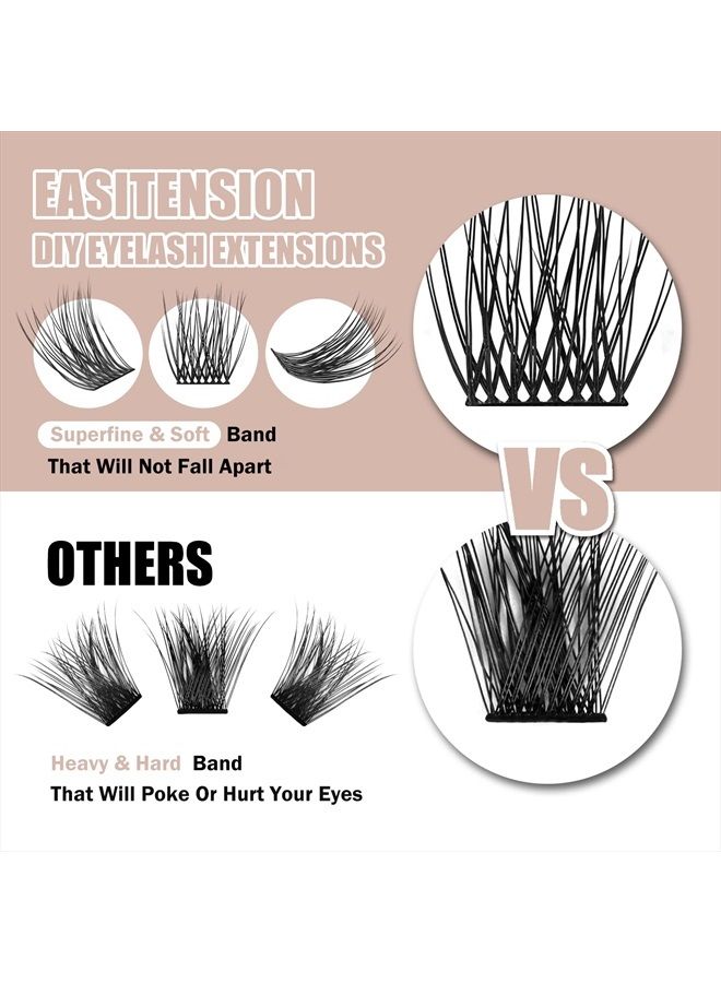 DIY Eyelash Extension, 3D Effect Glue Bonded Band Individual Lash 24 Clusters Volume Lashes Set, At Home Eyelash Extension, C curl, Pack 12mm,14mm (KIT)