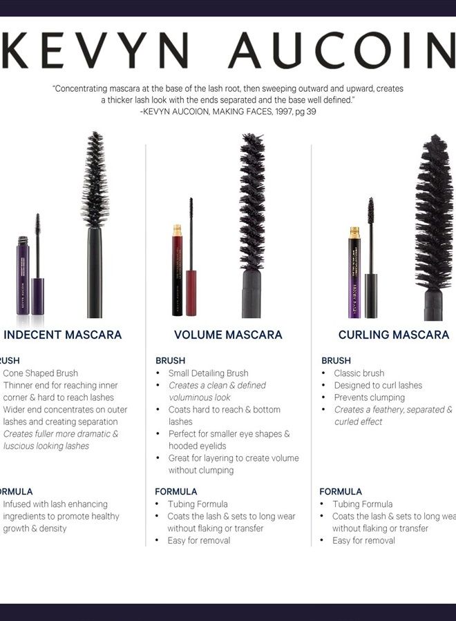 Indecent Mascara, Black: Thin cone-shaped brush. Creamy lash condition formula. Dramatic and natural look. Long wear. Clump & flake-free. Pro makeup artist go to for defined fuller lashes