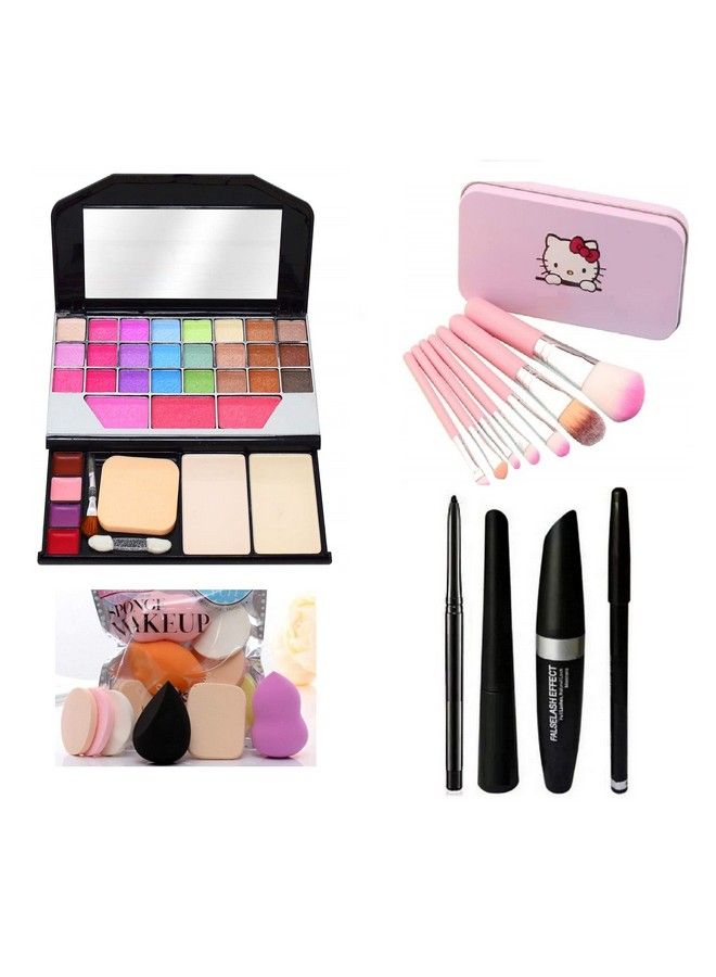 Fashion Makeup Kit For Girls + Premium Hello Kitty Makeup Brushes 7 Piece + Kelli Makeup Sponges 6 Piece + Eye Liner & Kajal & Mascara & Eye Brow Pencil (4In1) (6155 Combo)