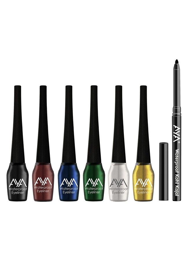 Waterproof & Long Lasting Eyeliner Set Of 6 (Black Blue Brown Green Silver Golden) + Jet Black Waterproof Kohl Kajal; Smudge Proof Transfer Proof Eye Liner Kajal For Eye Makeup;